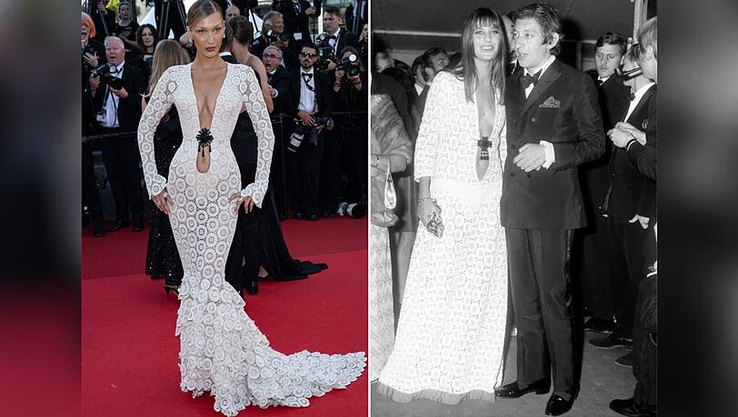 Bella Hadid (li.) sowie Jane Birkin und Serge Gainsbourg in Cannes. Bella Hadid (li.) sowie Jane Birkin und Serge Gainsbourg in Cannes.