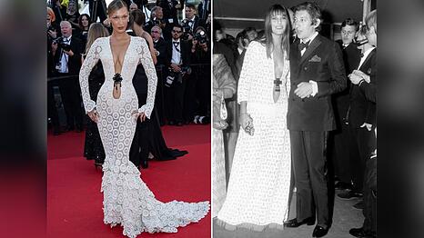 Bella Hadid (li.) sowie Jane Birkin und Serge Gainsbourg in Cannes.