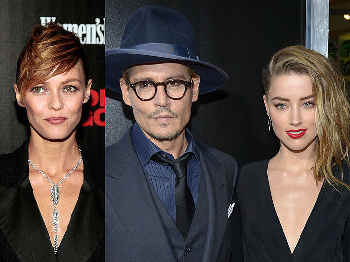 Zwischen zwei Frauen hat man es nicht leicht: Vanessa Paradis (li.), Johnny Depp und Amber Heard