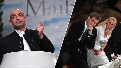 Der Bayerische Ministerpräsident Markus Söder (CSU) und seine Frau Karin hören beim Maibock-Anstich im Hofbräuhaus der Rede von Django Asül (l.) zu.