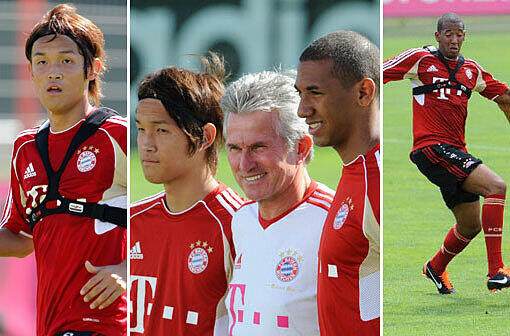Trainer Jupp Heynckes und die Neuzugänge Takashi Usami (l.)und Jerome Boateng (r.).