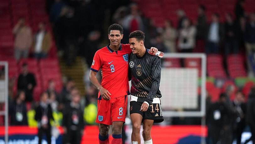 Gute Kumpels und nun im Champions-League-Halbfinale Gegner: Real-Star Jude Bellingham (l.) und Bayerns Jamal Musiala. Gute Kumpels und nun im Champions-League-Halbfinale Gegner: Real-Star Jude Bellingham (l.) und Bayerns Jamal Musiala.