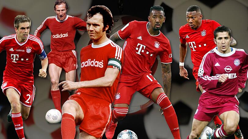 Echte Münchner Defensivkünstler: Philipp Lahm, Georg Schwarzenbeck, Franz Beckenbauer, Jérôme Boateng, David Alaba und Bixente Lizarazu (v.l.).