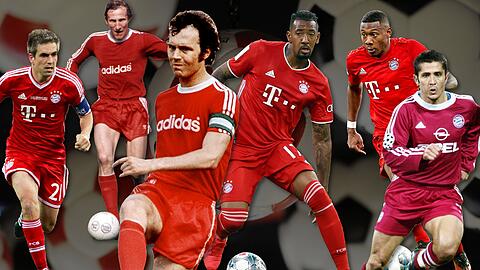 Echte Münchner Defensivkünstler: Philipp Lahm, Georg Schwarzenbeck, Franz Beckenbauer, Jérôme Boateng, David Alaba und Bixente Lizarazu (v.l.).
