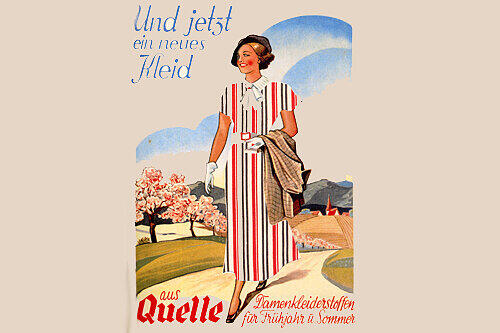 Fränkisch-romantisch: Frühjahrsmode mit Dorf-Idylle &ndash; eine Seite aus dem Quelle-Katalog 1935.