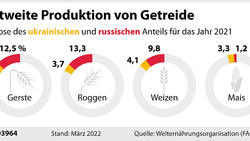 Ukrainischer Anteil und russischer Anteil an weltweiter Getreideproduktion 2021. Ukrainischer Anteil und russischer Anteil an weltweiter Getreideproduktion 2021.