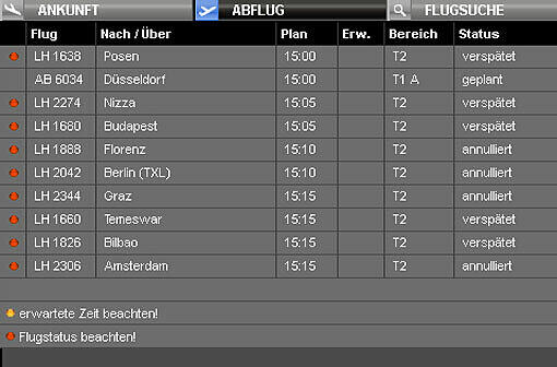 Die Anzeigentafel auf der Homepage des Münchner Flughafens: Abgehende Flüge verspäten sich oder werden annulliert