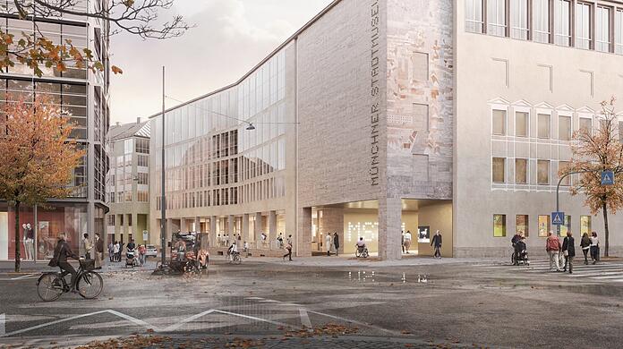 Das Münchner Stadtmuseum vom Rindermarkt aus gesehen. Die energetisch problematischen Fassaden aus den 1950er und frühen 60er Jahren sind aus Sicht der Denkmalpflege unbedingt zu erhalten.