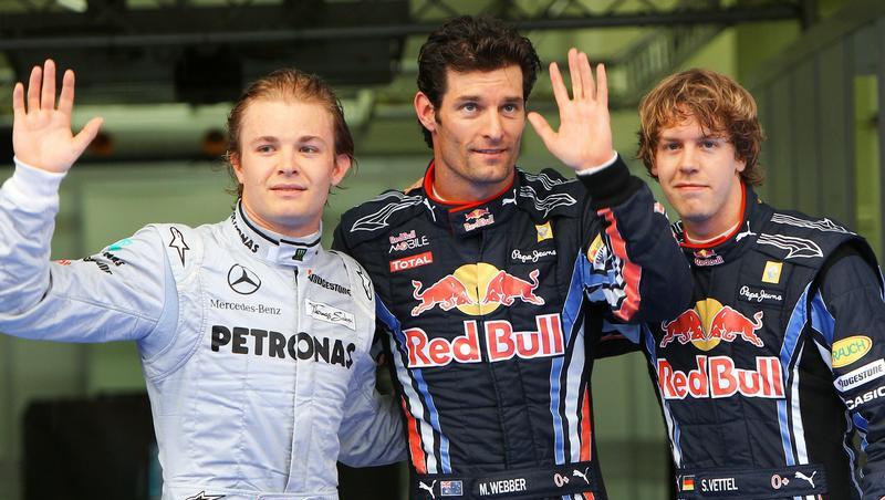 Qualifying-Sieger Mark Webber (M), Nico Rosberg (l/2.) und Sebastian Vettel (3.). Qualifying-Sieger Mark Webber (M), Nico Rosberg (l/2.) und Sebastian Vettel (3.).