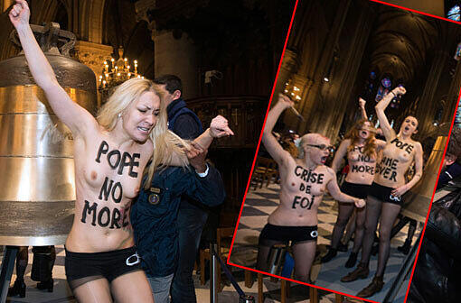 Die Nacktprotestler der Frauenbewegung Femen feierten in Notre-Dame in Paris den Papst-Rücktritt. Hier die Bilder!