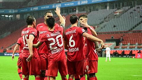 Streben noch Erfolge im DFB-Pokal und der Europa League an: Leverkusens jubelnde Spieler.