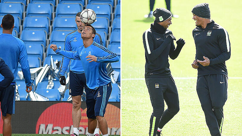 Eindrücke vom Training: Gebannte Gesichter bei Real Madrid auf Superstar Cristiano Ronaldo (Mitte linkes Bild), entspannte Gesichter bei Manchester City mit Fernandinho und Vincent Kompany (rechtes Bild). Eindrücke vom Training: Gebannte Gesichter bei Real Madrid auf Superstar Cristiano Ronaldo (Mitte linkes Bild), entspannte Gesichter bei Manchester City mit Fernandinho und Vincent Kompany (rechtes Bild).