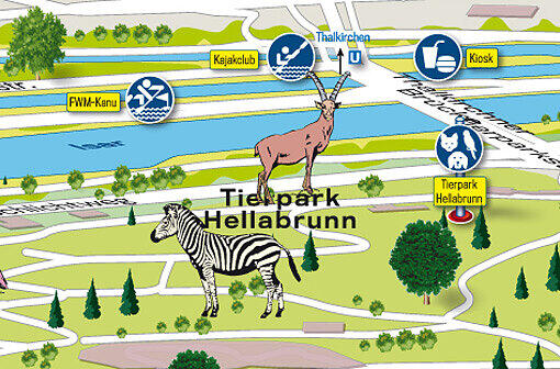 Thalkirchner Brücke: Das Dorado für Wassersportler und Tierfans. Links der Isar haben Kanuten und Kajakfahrer ihr Zuhause, rechts des Flusses ist der Eingang zum Tierpark zu finden. Hier kann man auch mit der U-Bahn hinfahren.