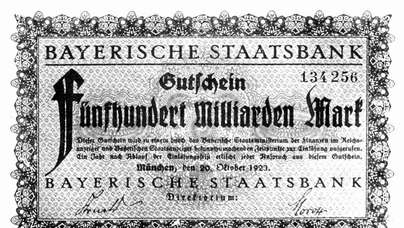 Gutschein über 500 Milliarden Mark, herausgegeben 1923 von der Bayerischen Staatsbank. Gutschein über 500 Milliarden Mark, herausgegeben 1923 von der Bayerischen Staatsbank.