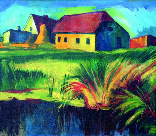 Immer ging es bei Max Pechstein farbstark zur Sache, hier die 1926 entstandenen „Häuser in Leba“.
