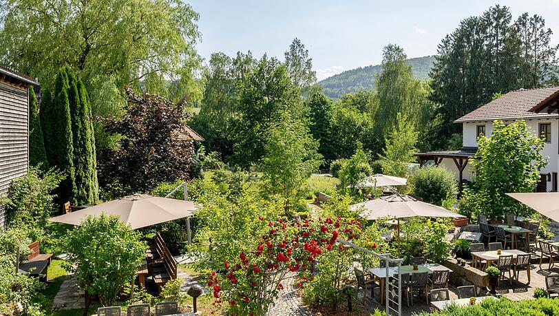 Schlemmen zwischen Hochbeeten und &uuml;ppiger Vegetation.