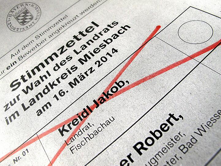 Das Muster eines Stimmzettels zur Wahl des Landrates im Landkreis Miesbach Die Stimmmöglichkeit für Jakob Kreidl ist durchgestrichen - allerdings nur symbolisch.