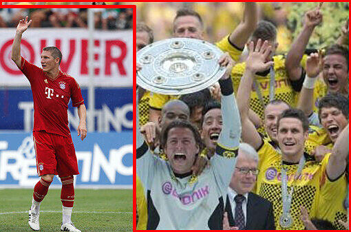 Dortmunds Torwart Roman Weidenfeller (M) reißt, umringt von seinen Kollegen, die Meisterschale in die Höhe. Bastian Schweinsteiger meldet mit Bayern Ansprüche an.