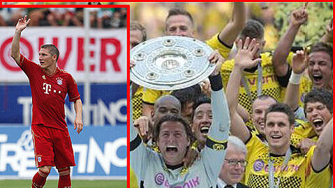 Dortmunds Torwart Roman Weidenfeller (M) reißt, umringt von seinen Kollegen, die Meisterschale in die Höhe. Bastian Schweinsteiger meldet mit Bayern Ansprüche an.
