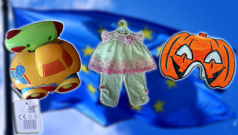 Ein Baby-Spielzeug, das in gefährliche Kleinteile zerbricht, ein Kleid, dessen Deko-Elemente sich lösen und verschluckt werden können und eine mit dem Schwermetall Cadmium versuchte Halloween-Maske: Drei Beispiele für aus dem Verkehr gezogene Güter. Ein Baby-Spielzeug, das in gefährliche Kleinteile zerbricht, ein Kleid, dessen Deko-Elemente sich lösen und verschluckt werden können und eine mit dem Schwermetall Cadmium versuchte Halloween-Maske: Drei Beispiele für aus dem Verkehr gezogene Güter.