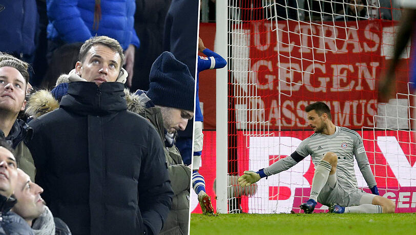 Banger Blick in die Zukunft: Bayern-Keeper Manuel Neuer (l.) beim Spiel gegen Schalke auf der Tribüne. Banger Blick in die Zukunft: Bayern-Keeper Manuel Neuer (l.) beim Spiel gegen Schalke auf der Tribüne.