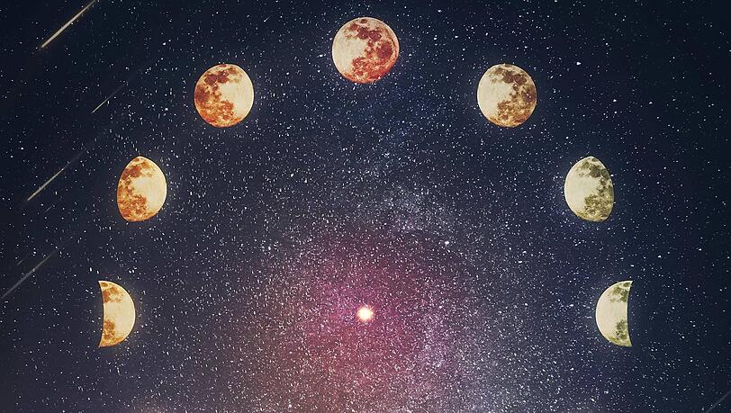 Von Neumond bis Vollmond: Die Mondphasen wiederholen sich alle 29,5 Tage. Von Neumond bis Vollmond: Die Mondphasen wiederholen sich alle 29,5 Tage.