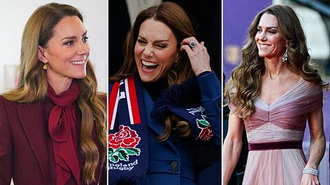 Prinzessin Kate (v.l.) in einem bordeauxroten Mantel und einem kobaltblauten Mantel von Alexander McQueen sowie im Gucci-Kleid bei den BAFTAs. Alle St&uuml;cke trug sie bereits zu fr&uuml;heren Anl&auml;ssen.