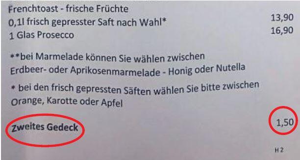 Im Woerner&rsquo;s kostet ein zweites Gedeck 1,50 Euro (so steht es auch auf der Karte). Viele Gäste regt das auf.