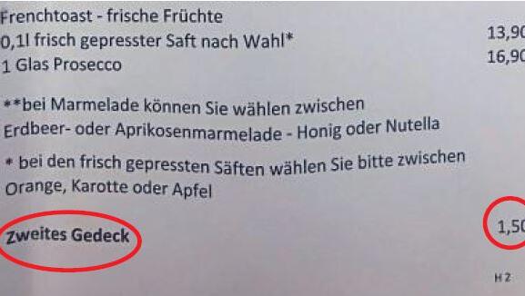 Im Woerner’s kostet ein zweites Gedeck 1,50 Euro (so steht es auch auf der Karte). Viele Gäste regt das auf. Im Woerner’s kostet ein zweites Gedeck 1,50 Euro (so steht es auch auf der Karte). Viele Gäste regt das auf.