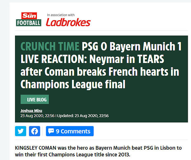Die britische "Sun": "Neymar in Tränen, nachdem Coman im Champions-League-Finale die französischen Herzen bricht".