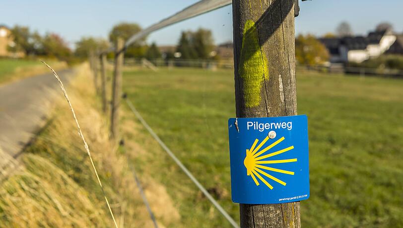 Gelbe Pfeile und die Europäische Jakobsmuschel weisen den Weg nach Santiago de Compostela.