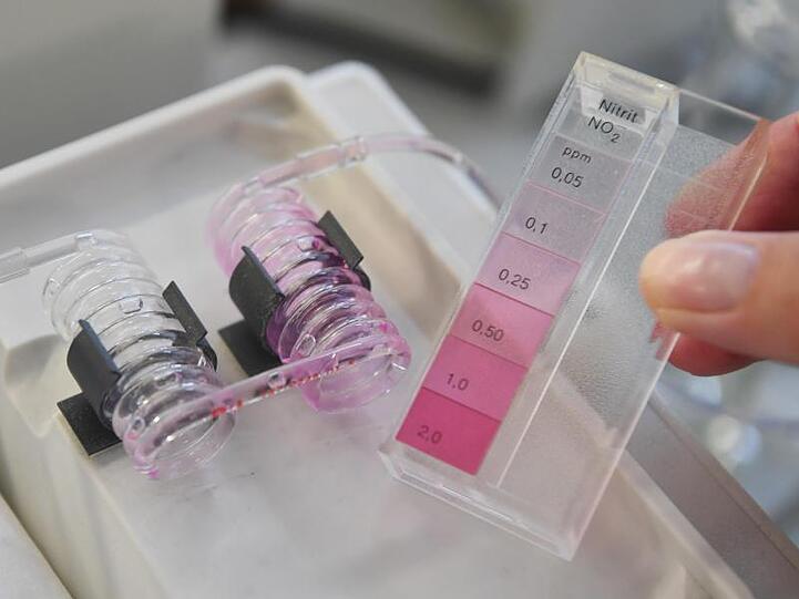 Bei der Landesanstalt für Umwelt, Messungen und Naturschutz Baden-Württemberg wird mit einem Durchflussphotometer der Nitratgehalt im Wasser über Nitrit bestimmt.