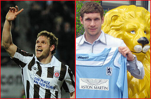 Moritz Volz hat den FC St. Pauli verlassen und wechselte zu 1860. Das blaue Leiberl hält er hier nur symbolisch vor den Körper.