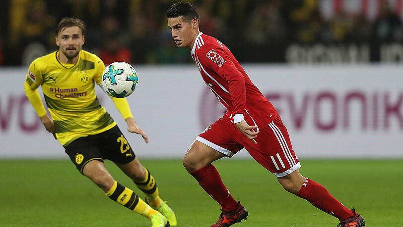 Bayern-Star James Rodríguez im Duell mit BVB-Profi Marcel Schmelzer (links). Szene aus der Bundesliga-Partie am 4. November, die die Münchner mit 3:1 für sich entschieden. Bayern-Star James Rodríguez im Duell mit BVB-Profi Marcel Schmelzer (links). Szene aus der Bundesliga-Partie am 4. November, die die Münchner mit 3:1 für sich entschieden.