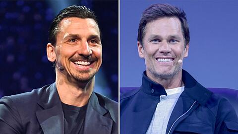 Zlatan Ibrahimovic (l.) tr&auml;gt nach einer verlorenen Wette gegen Tom Brady jetzt Glatze.