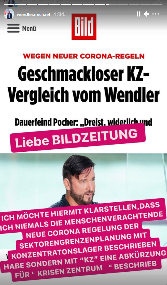 Michael Wendlers Instagram-Story vom Mittwochmorgen. Michael Wendlers Instagram-Story vom Mittwochmorgen.