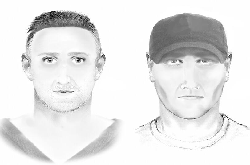 Links der Vergewaltiger, rechts der Fahrer des Wagens. Die Polizei bittet um Mithilfe.