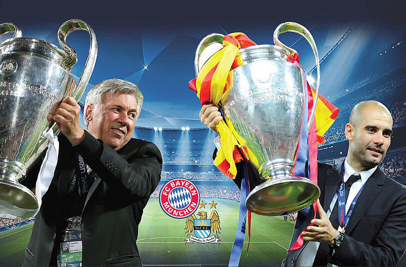 Champions-League Experten: Carlo Ancelotti (l.) gewann den Titel als Trainer dreimal, Pep Guardiola zweimal. In diesem Jahr findet das Finale in Cardiff statt &ndash; treffen beide aufeinander?