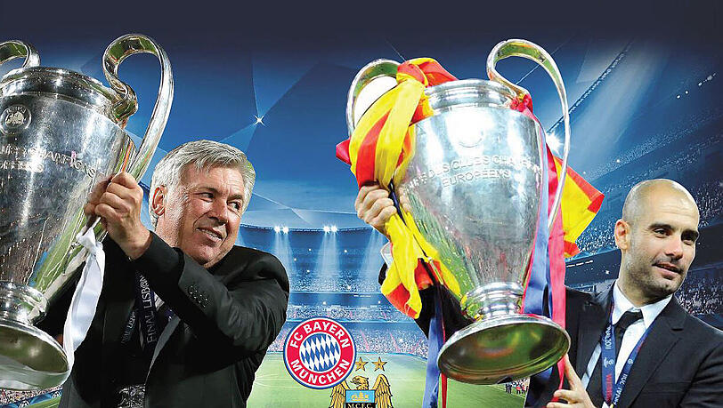 Champions-League Experten: Carlo Ancelotti (l.) gewann den Titel als Trainer dreimal, Pep Guardiola zweimal. In diesem Jahr findet das Finale in Cardiff statt – treffen beide aufeinander? Champions-League Experten: Carlo Ancelotti (l.) gewann den Titel als Trainer dreimal, Pep Guardiola zweimal. In diesem Jahr findet das Finale in Cardiff statt – treffen beide aufeinander?
