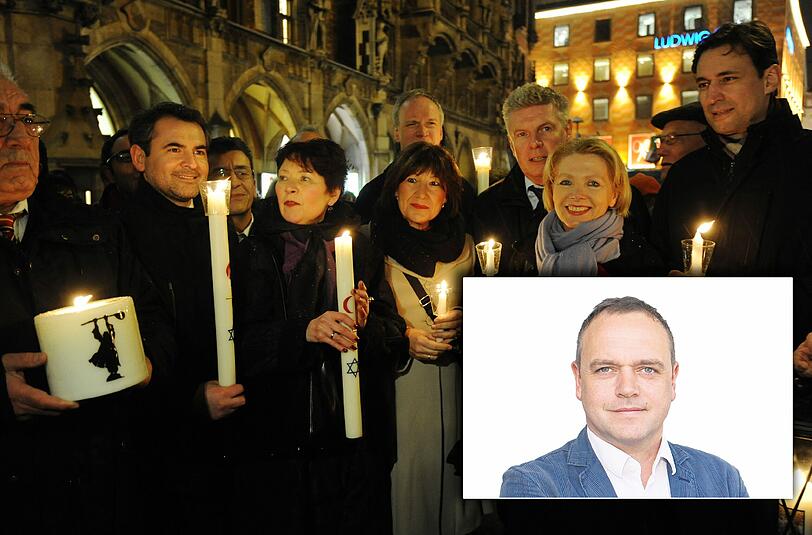 Die "Friedenskette" in München. Michael Schilling (kleines Bild), Chefredakteur der AZ, im Kommentar über Demos in München