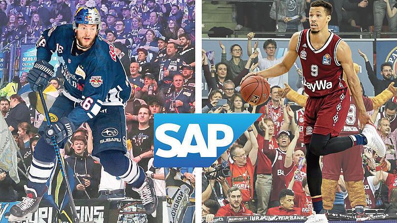 Ihre Teams spielen bald in einer gemeinsamen Halle, der SAP-Arena im Olympiapark: Konrad Abeltshauser (l.) vom EHC Red Bull München und Jared Cunningham (r.) von den Bayern-Basketballern.