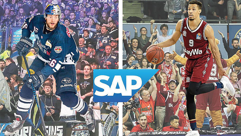 Ihre Teams spielen bald in einer gemeinsamen Halle, der SAP-Arena im Olympiapark: Konrad Abeltshauser (l.) vom EHC Red Bull München und Jared Cunningham (r.) von den Bayern-Basketballern. Ihre Teams spielen bald in einer gemeinsamen Halle, der SAP-Arena im Olympiapark: Konrad Abeltshauser (l.) vom EHC Red Bull München und Jared Cunningham (r.) von den Bayern-Basketballern.