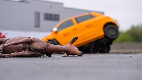 Das Reh, in diesem Fall ein Nachbau, hätte den Aufprall wahrscheinlich nicht überlebt. Der Autofahrer würde wohl schwer verletzt überleben.