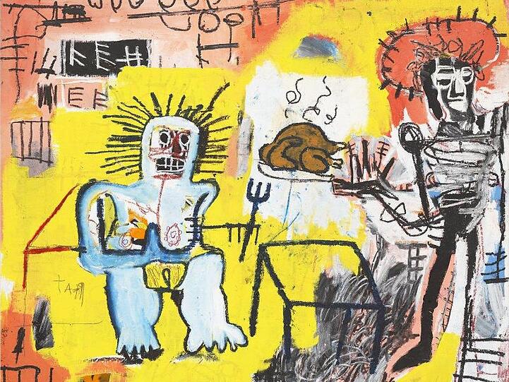 "Arroz con Pollo" (1981) des Künstlers Jean-Michel Basquiat, ist eines der Werke, die im Rahmen der Basquiat-Retrospektive in der Brant Foundation in New York zu sehen sind.
