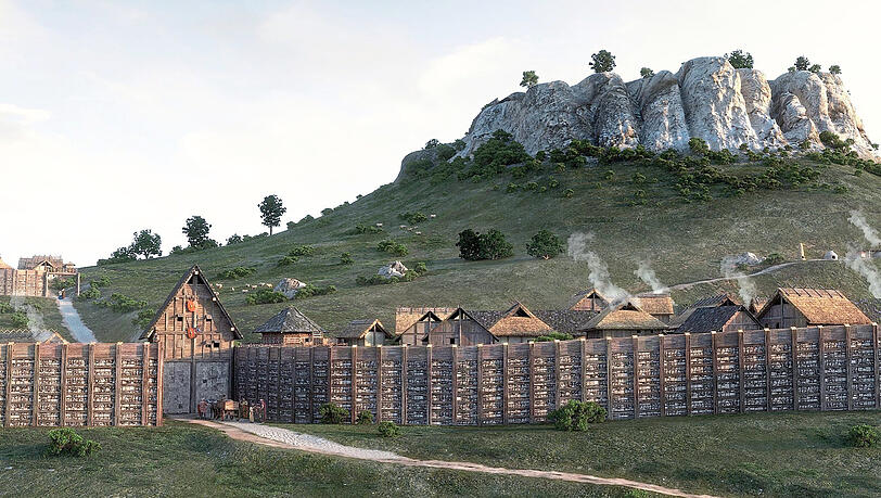 Die virtuelle Rekonstruktion des Oppidums, eines speziellen Siedlungstyps der Kelten, mit dem hohen Stadttor.