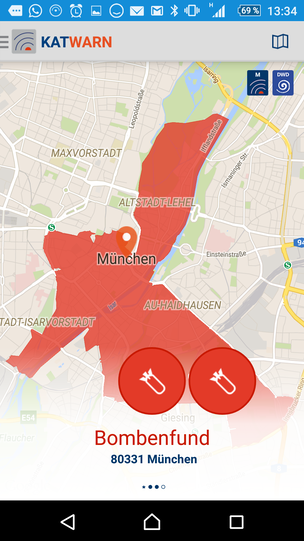 Die Polizei informierte die Bürger über die Katastrophen-Warn-App Katwarn über den Bombenfund.