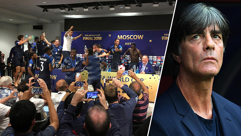 Stürmen die Pressekonferenz und übergießen Trainer Didier Deschamps mit Champagner: Frankreichs Weltmeister-Kicker. Joachim Löw (rechts) dagegen steht vor einem schwierigen Neuanfang. Stürmen die Pressekonferenz und übergießen Trainer Didier Deschamps mit Champagner: Frankreichs Weltmeister-Kicker. Joachim Löw (rechts) dagegen steht vor einem schwierigen Neuanfang.