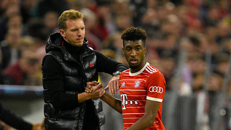 Bayern-Trainer Julian Nagelsmann mit dem zuletzt formschwachen Kingsley Coman.