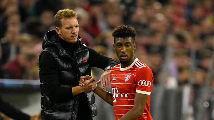 Bayern-Trainer Julian Nagelsmann mit dem zuletzt formschwachen Kingsley Coman.