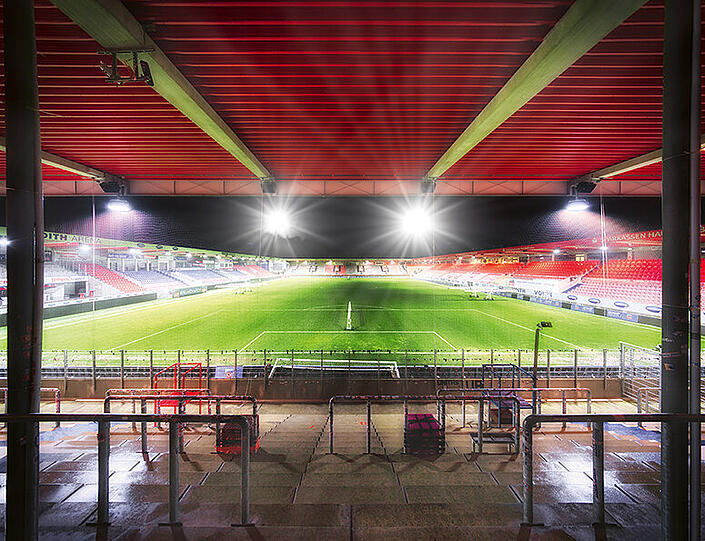 Die Voith-Arena in Heidenheim wurde um einen Kiosk herumgebaut.